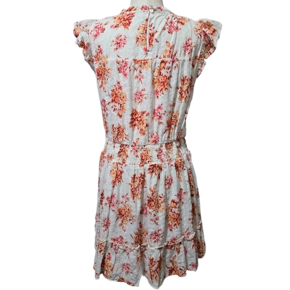 LOFT Floral Smocked Waist Tiered Dress Size Large White Orange Ruffle Cap Sleeve - Picture 6 of 14
